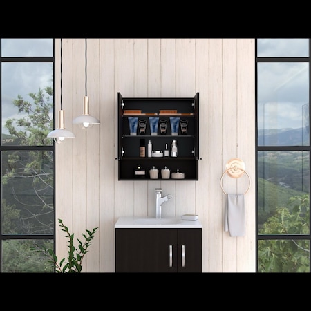 Tuhome Jaspe Mirror Cabinet, Three Internal Shelves, One Open Shelf, Double Door Cabinet, Black GLW5551